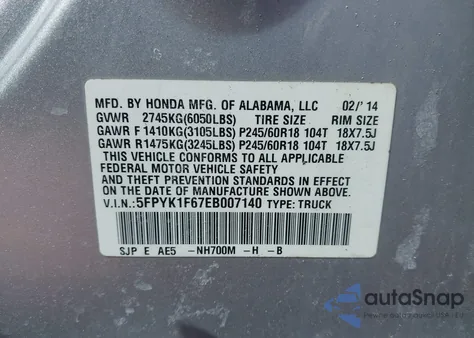 2014 Honda Ridgeline Se from USA, damaged, VIN 5FPYK1F67EB007140